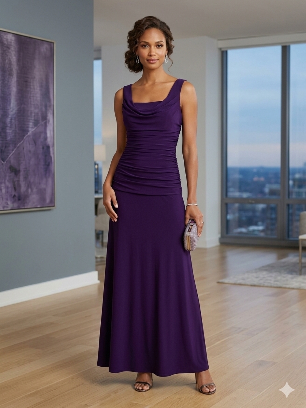 Nightway Purple Cowl Neck Ruched Evening Gown Maxi Dress Size 6